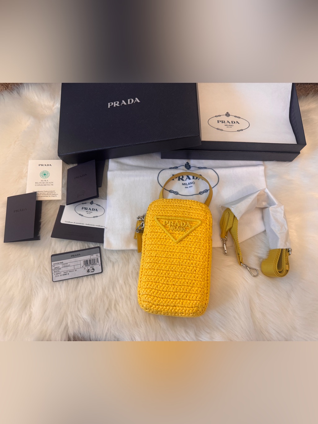 Prada Yellow Crocheted Mini Phone Pouch With Strapnew